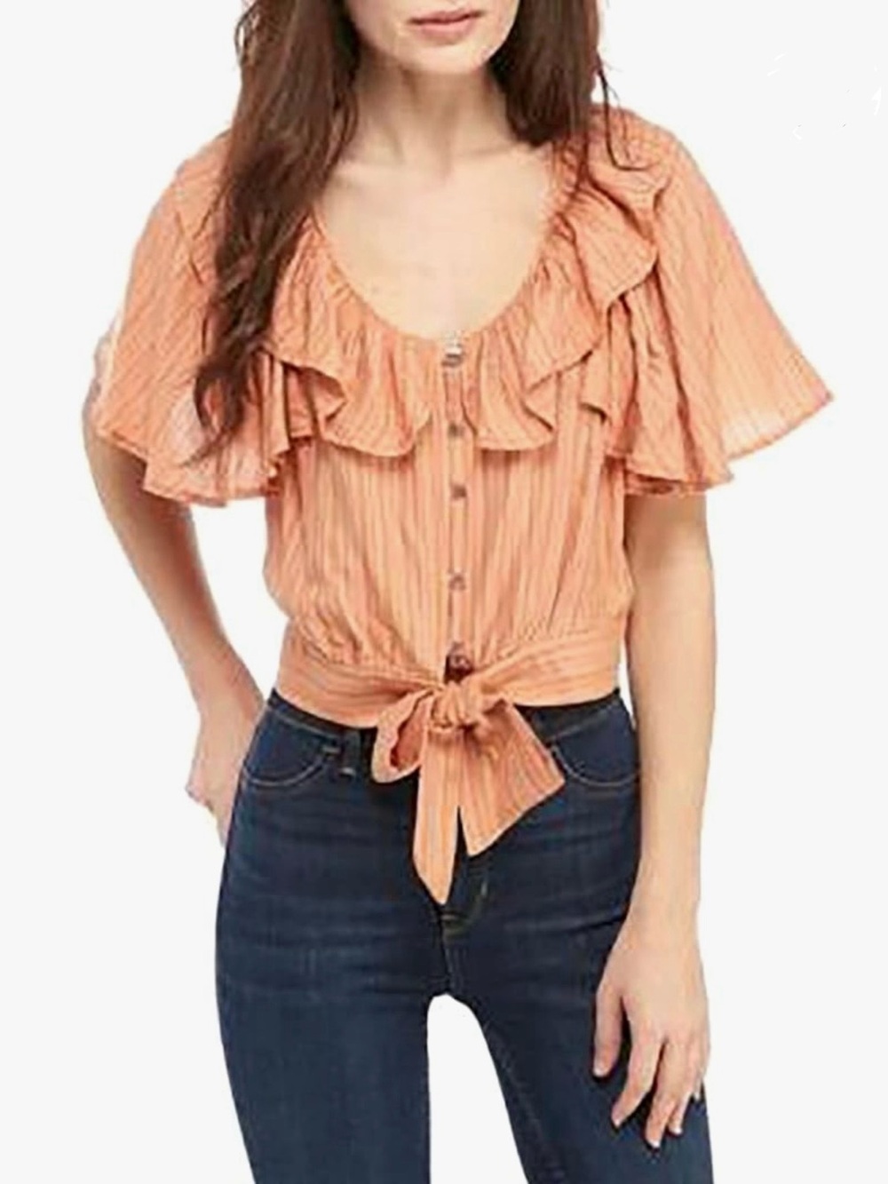 Bohemian Free People Rosemary Tie-Waist Top - Orange L